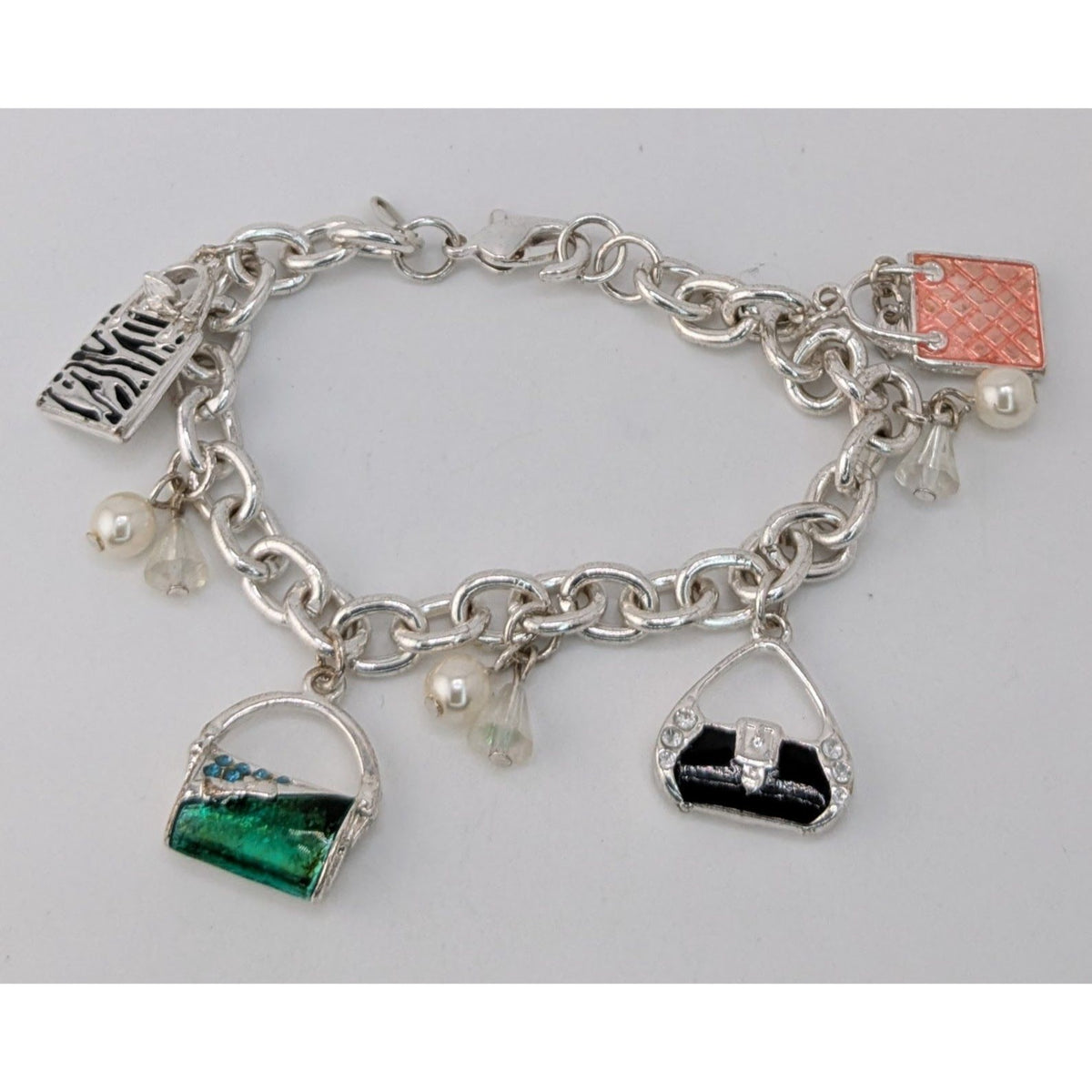Y2K Glam Girly Purse Charm Bracelet Silver Tone Handbag Fashion Jewelry
