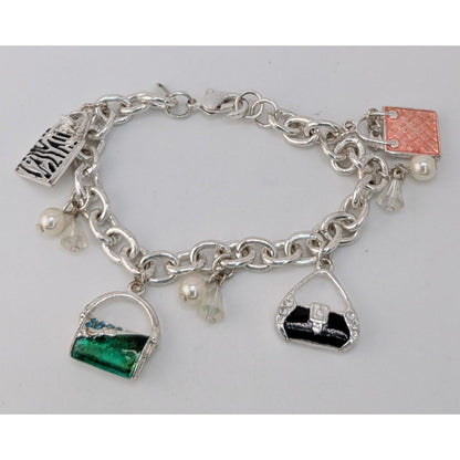 Y2K Glam Girly Purse Charm Bracelet Silver Tone Handbag Fashion Jewelry