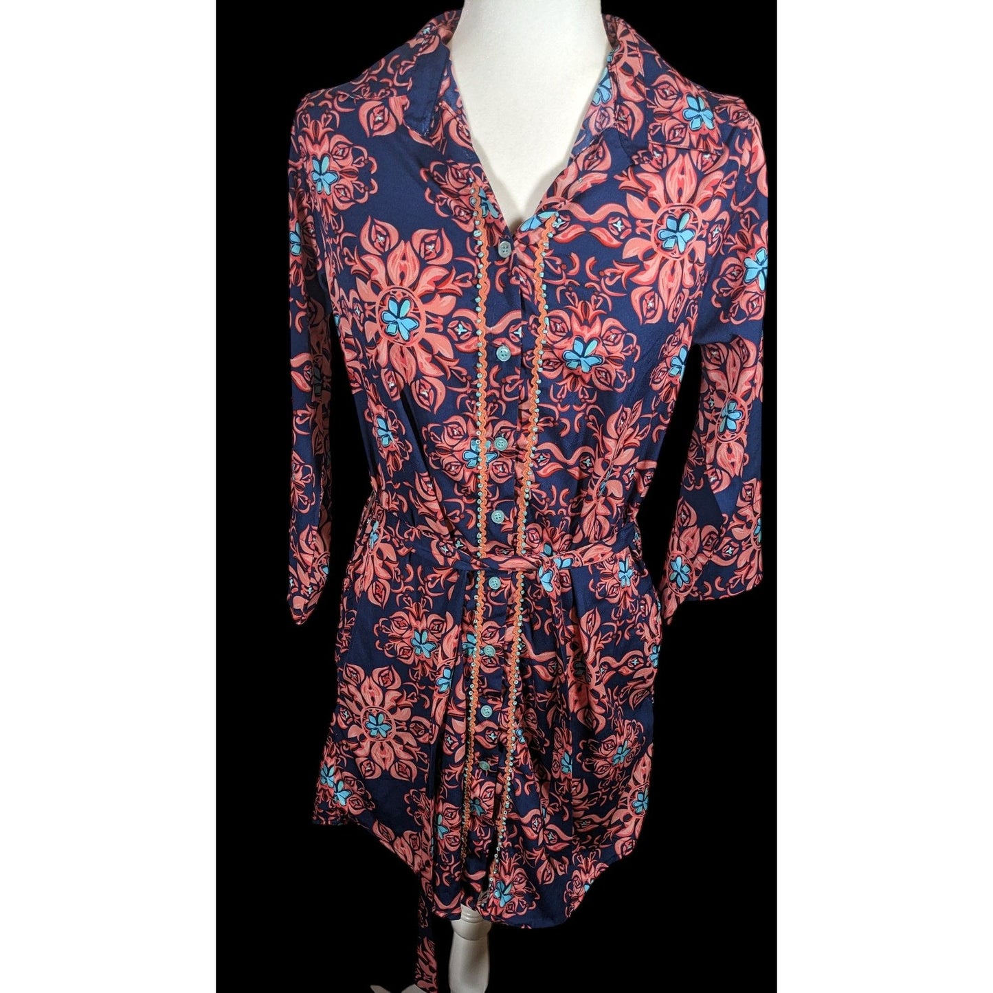 Modaposa Carlotta Belted Blue And Pink Floral Dress