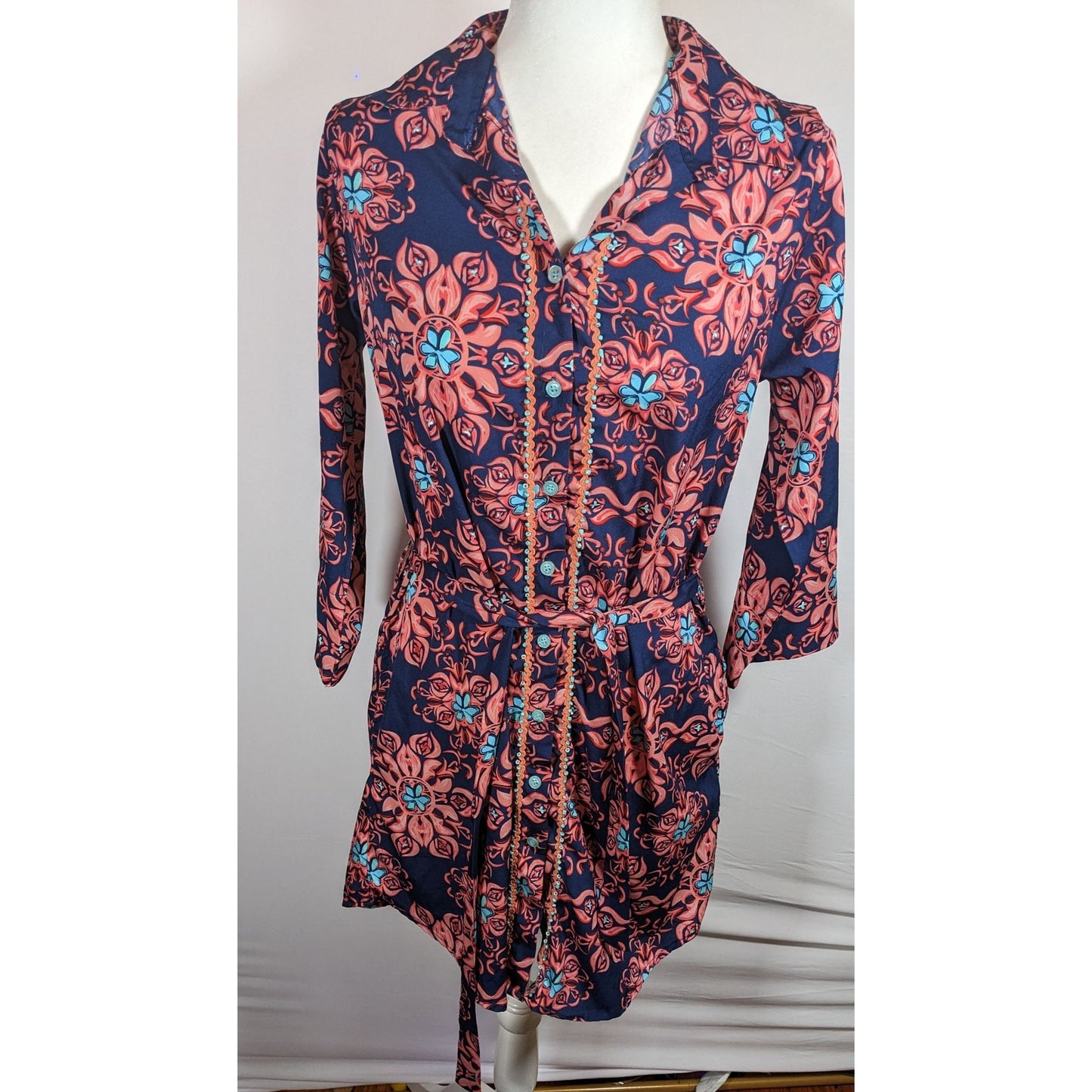 Modaposa Carlotta Belted Blue And Pink Floral Dress