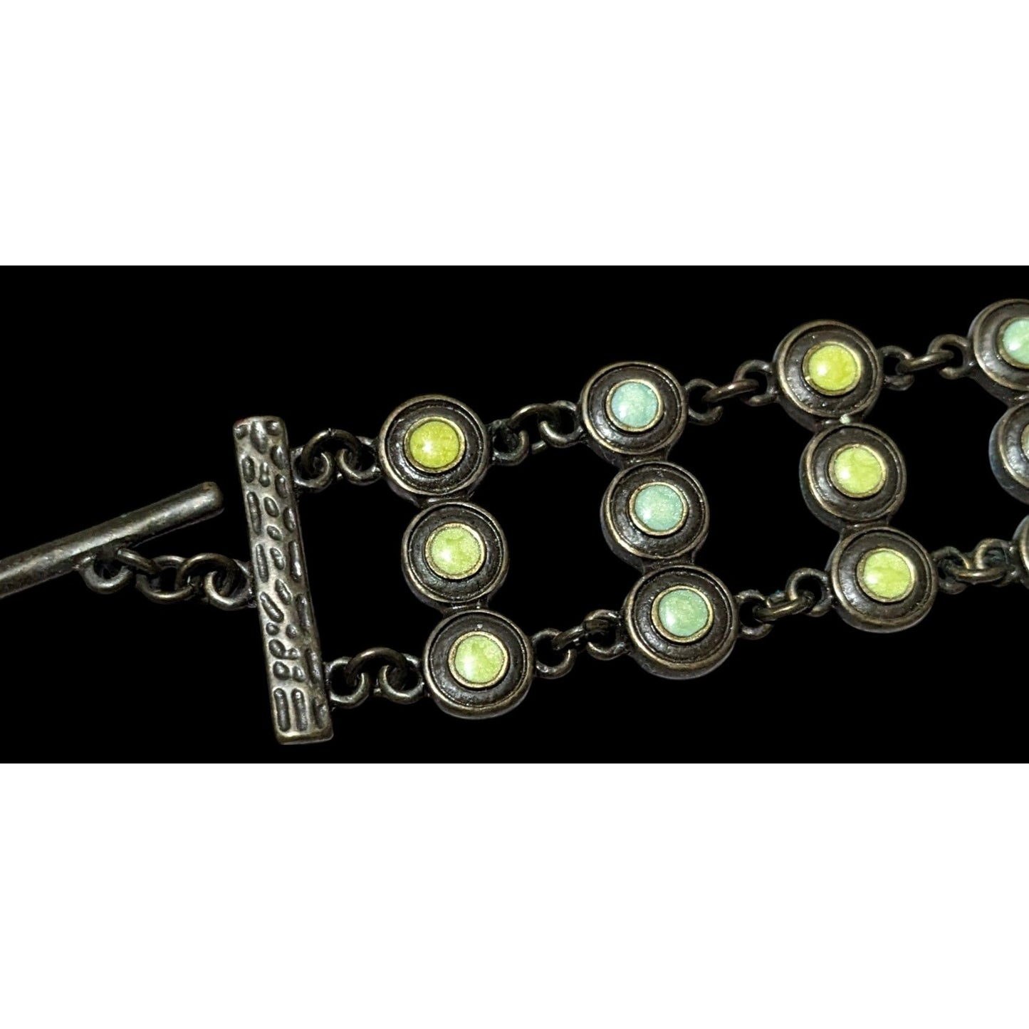 Antiqued Gold Tone Green And Blue Enamel Vintage Style Bracelet