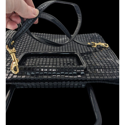 Vintage 1960s Lumured Black Mod Handbag With Detachable Strap & Structured Handles