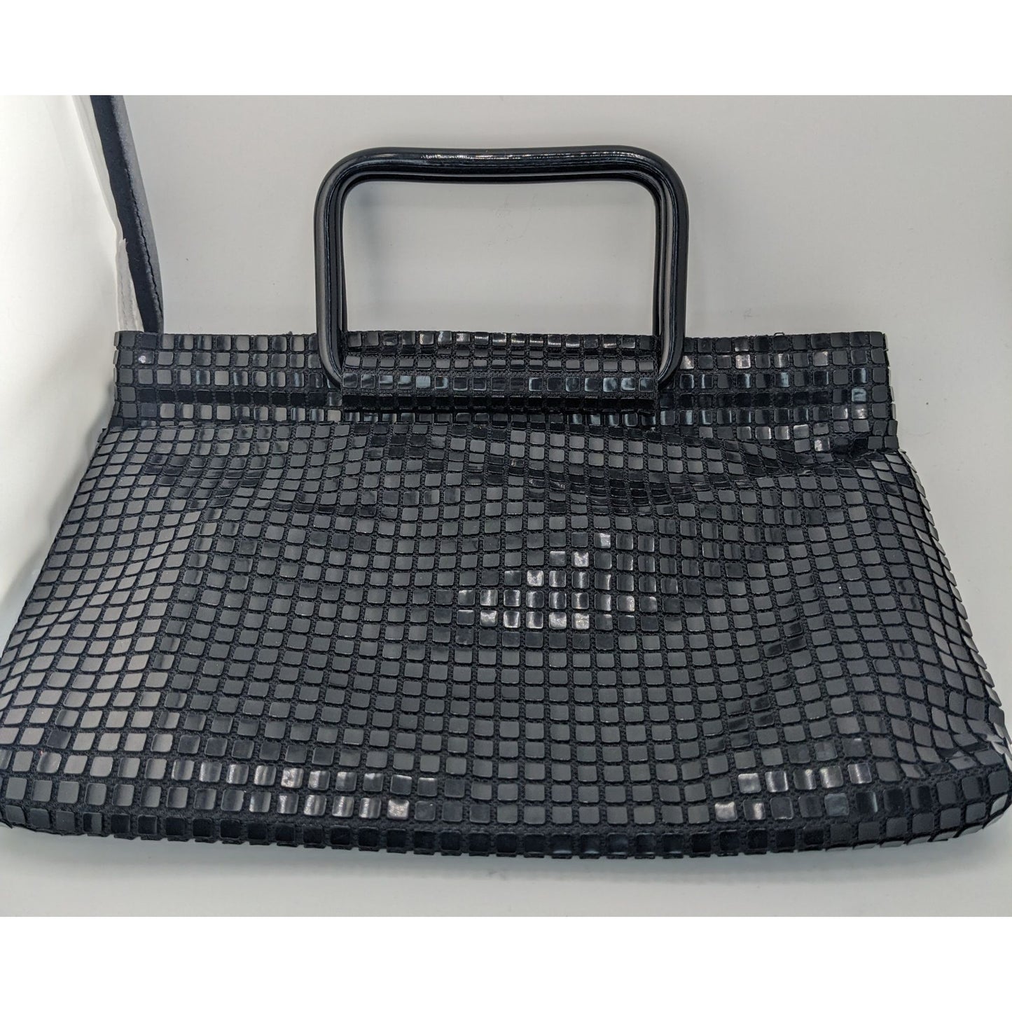 Vintage 1960s Lumured Black Mod Handbag With Detachable Strap & Structured Handles