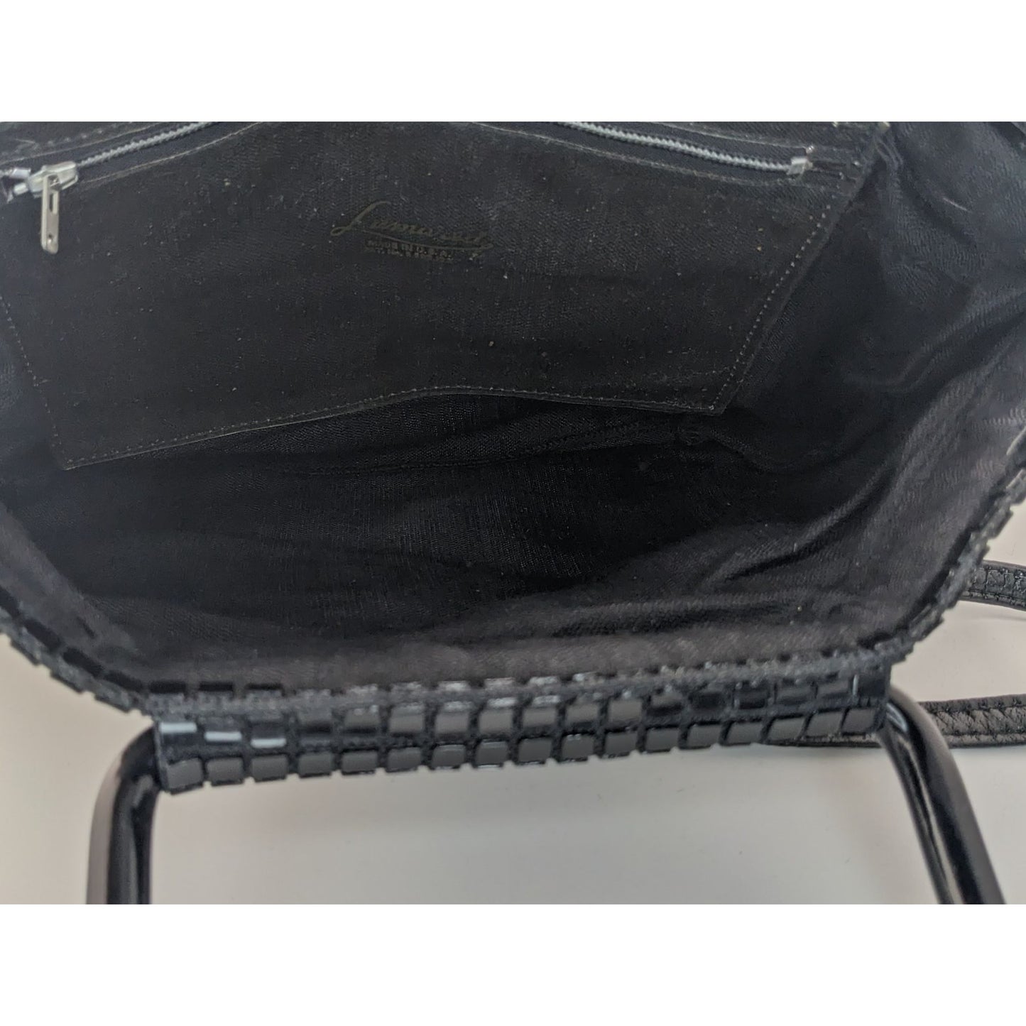 Vintage 1960s Lumured Black Mod Handbag With Detachable Strap & Structured Handles