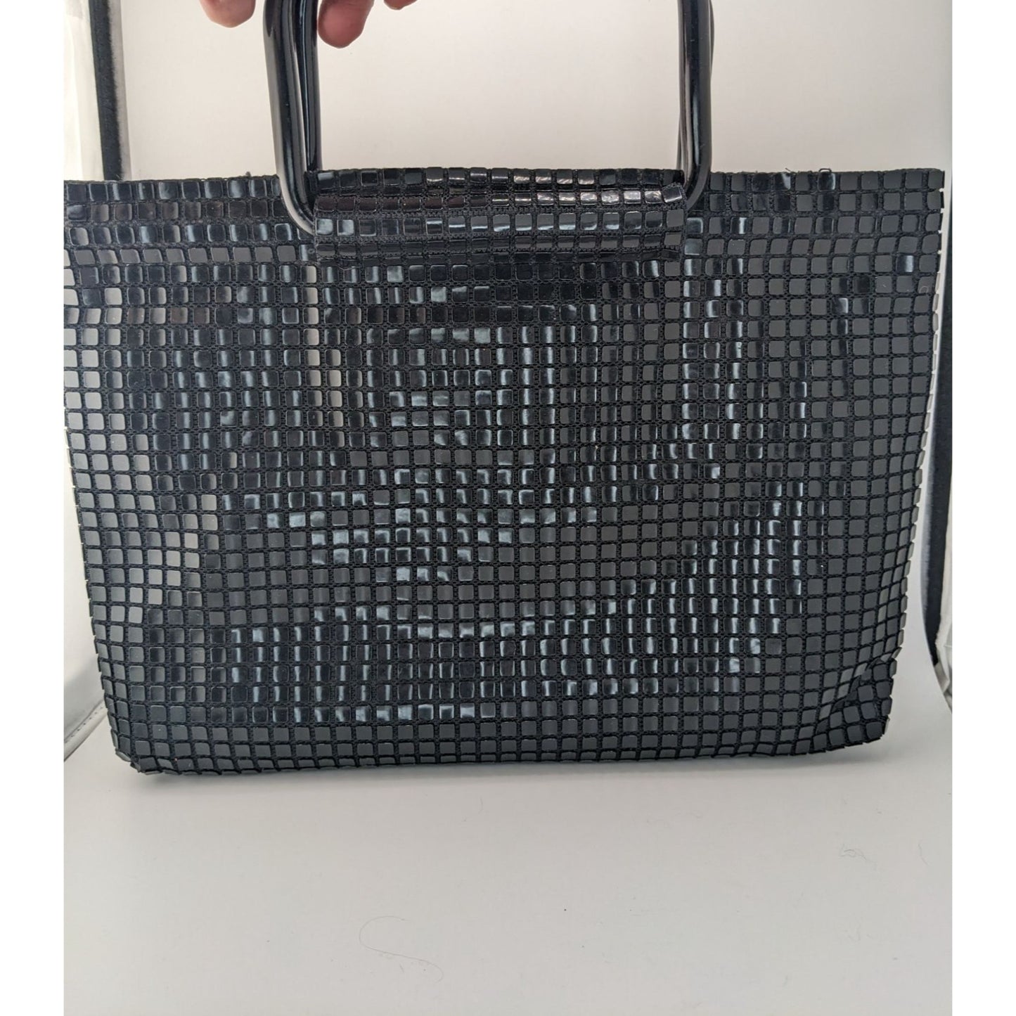 Vintage 1960s Lumured Black Mod Handbag With Detachable Strap & Structured Handles