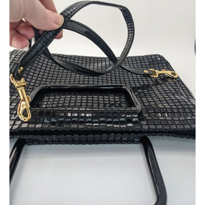 Vintage 1960s Lumured Black Mod Handbag With Detachable Strap & Structured Handles