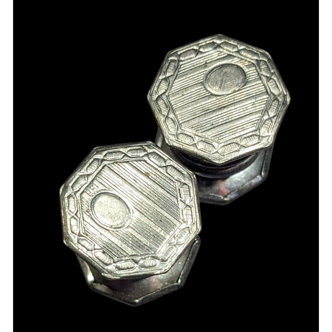 Vintage Etched Geometric Silver Tone Snap Cufflinks