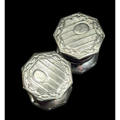 Vintage Etched Geometric Silver Tone Snap Cufflinks