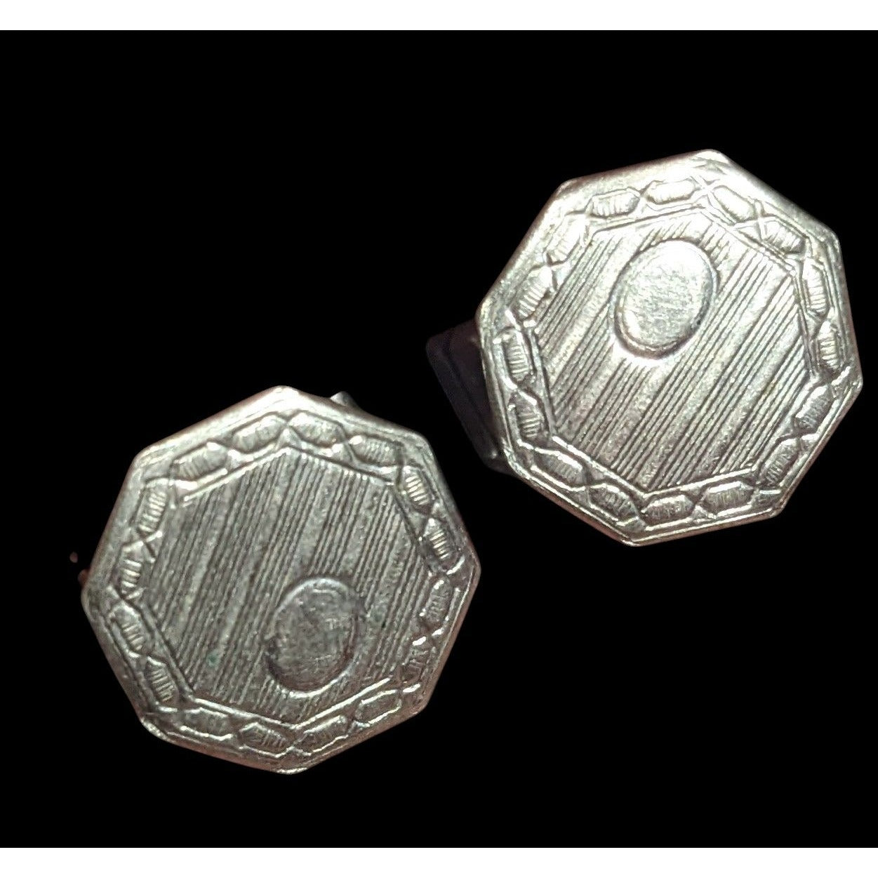 Vintage Etched Geometric Silver Tone Snap Cufflinks