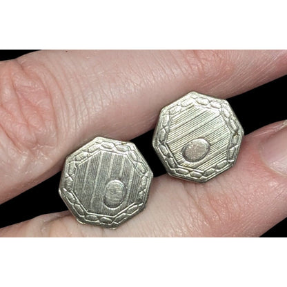 Vintage Etched Geometric Silver Tone Snap Cufflinks