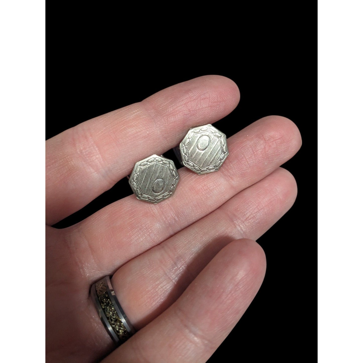 Vintage Etched Geometric Silver Tone Snap Cufflinks