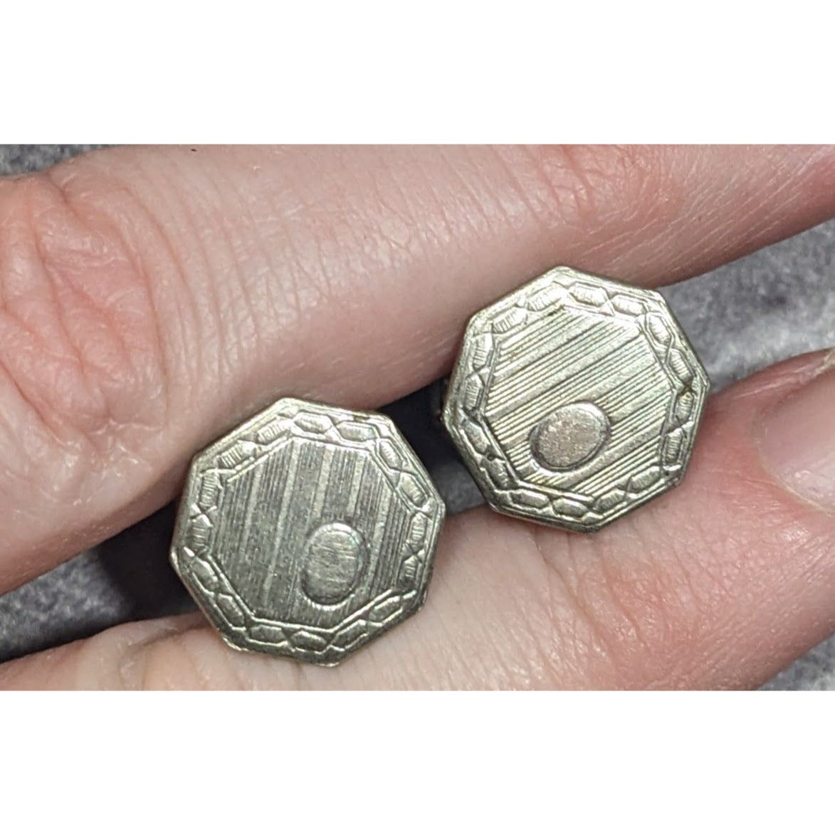 Vintage Etched Geometric Silver Tone Snap Cufflinks