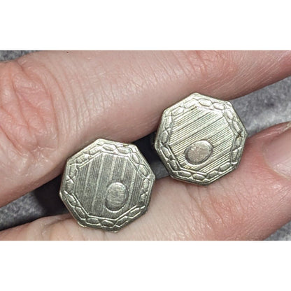 Vintage Etched Geometric Silver Tone Snap Cufflinks