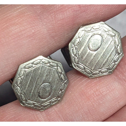 Vintage Etched Geometric Silver Tone Snap Cufflinks