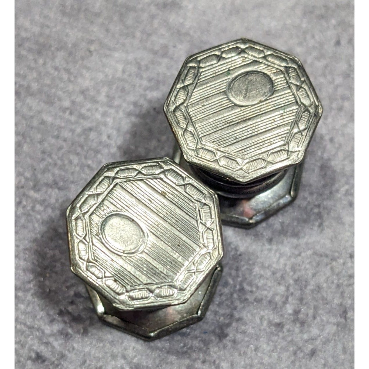 Vintage Etched Geometric Silver Tone Snap Cufflinks