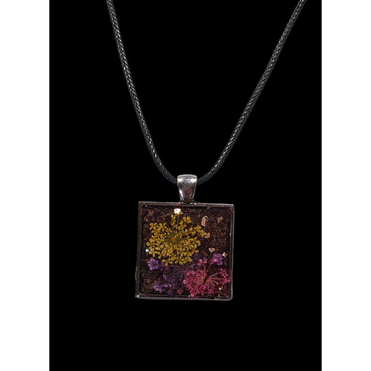 Handmade Pressed Flower And Glitter Under Resin Pendant Necklace