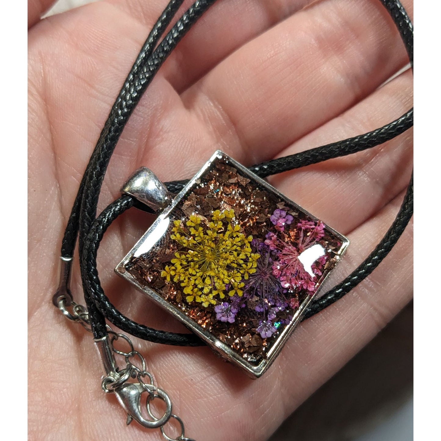 Handmade Pressed Flower And Glitter Under Resin Pendant Necklace