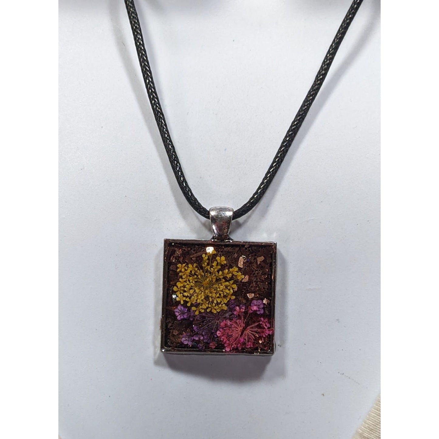 Handmade Pressed Flower And Glitter Under Resin Pendant Necklace