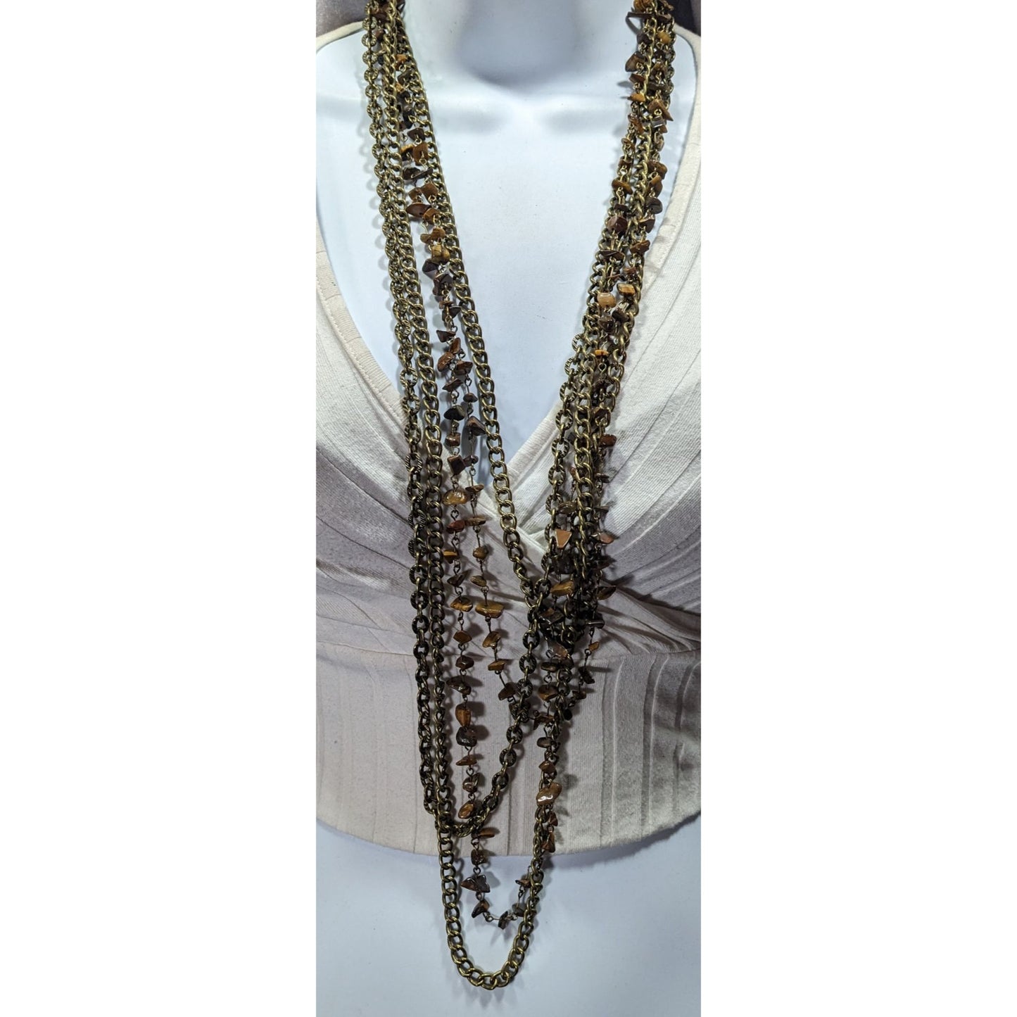 Multilayer Tiger Eye Chip Antiqued Gold Tone Chain Necklace