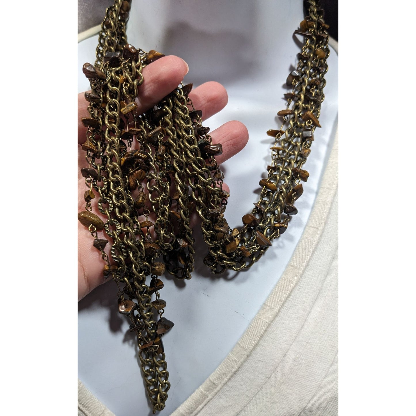 Multilayer Tiger Eye Chip Antiqued Gold Tone Chain Necklace