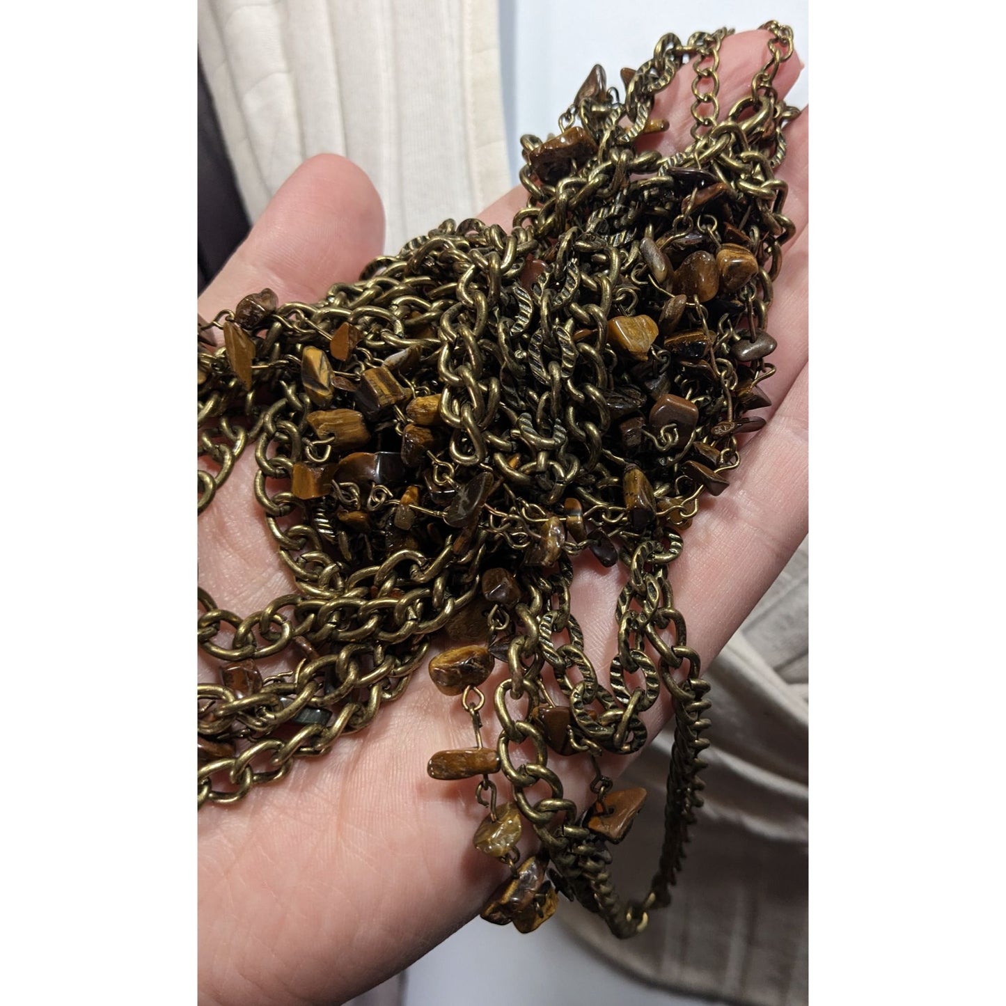 Multilayer Tiger Eye Chip Antiqued Gold Tone Chain Necklace