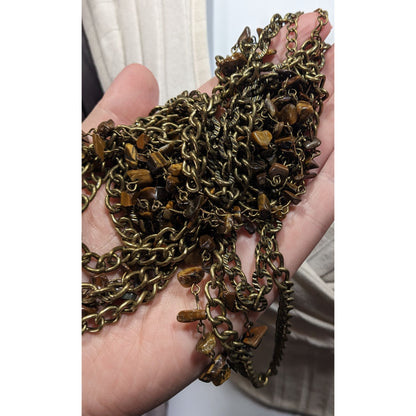 Multilayer Tiger Eye Chip Antiqued Gold Tone Chain Necklace