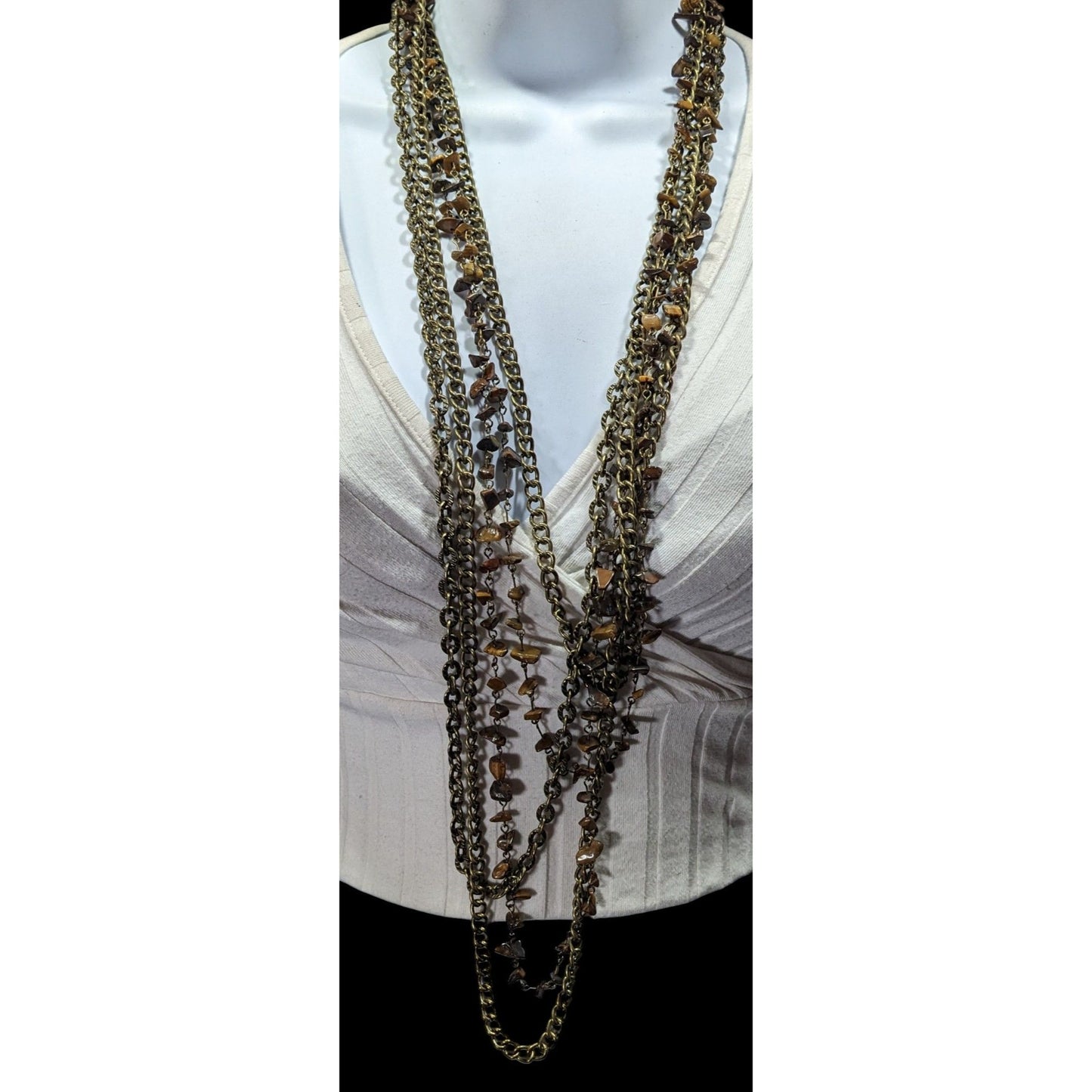 Multilayer Tiger Eye Chip Antiqued Gold Tone Chain Necklace