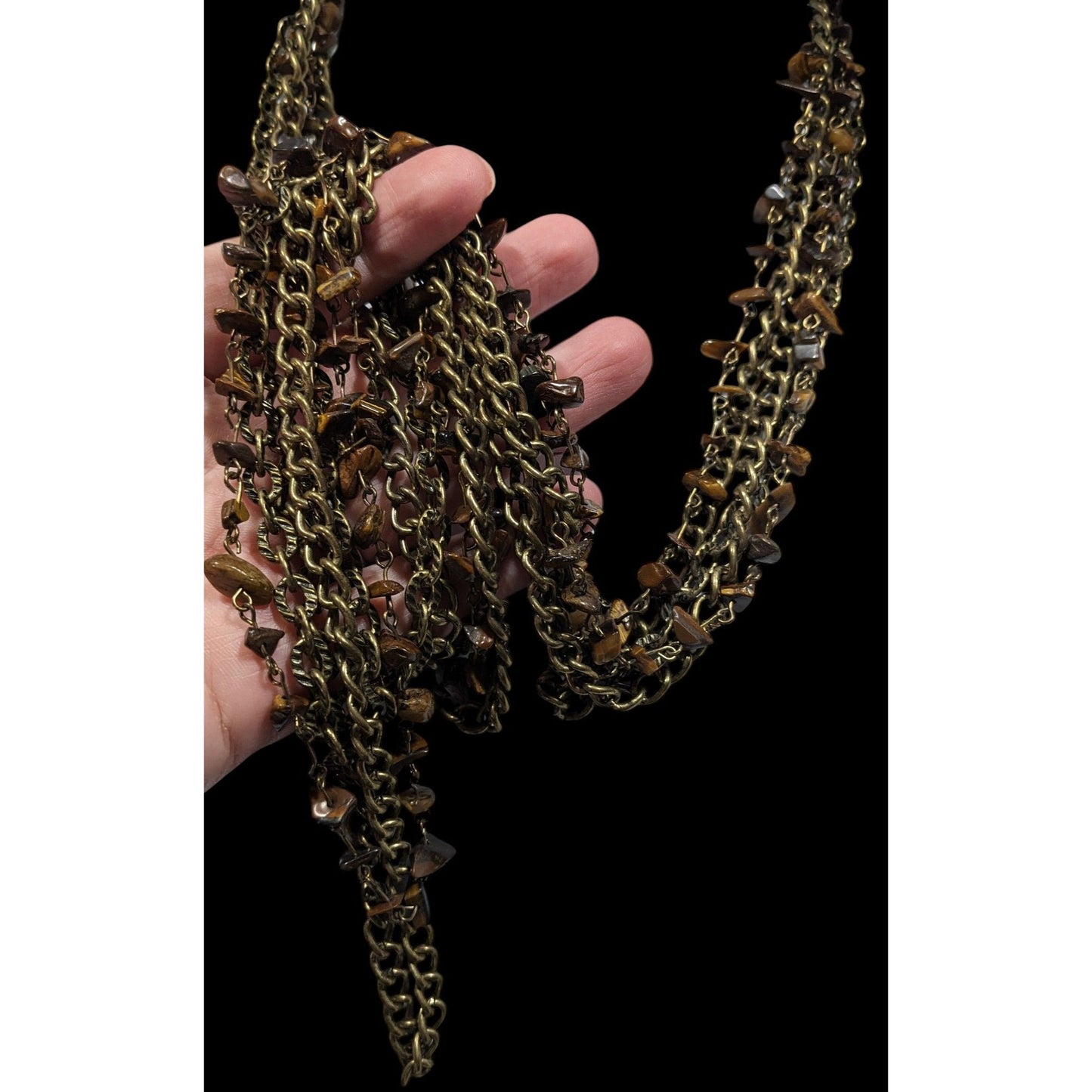 Multilayer Tiger Eye Chip Antiqued Gold Tone Chain Necklace