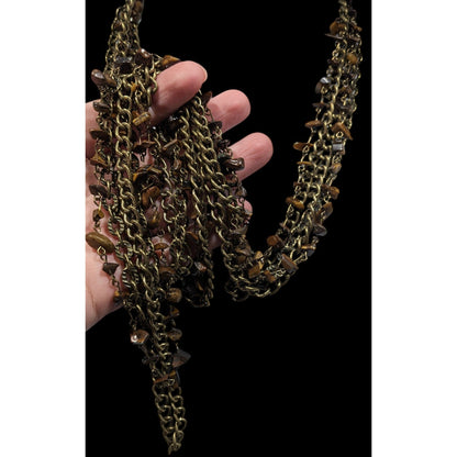 Multilayer Tiger Eye Chip Antiqued Gold Tone Chain Necklace