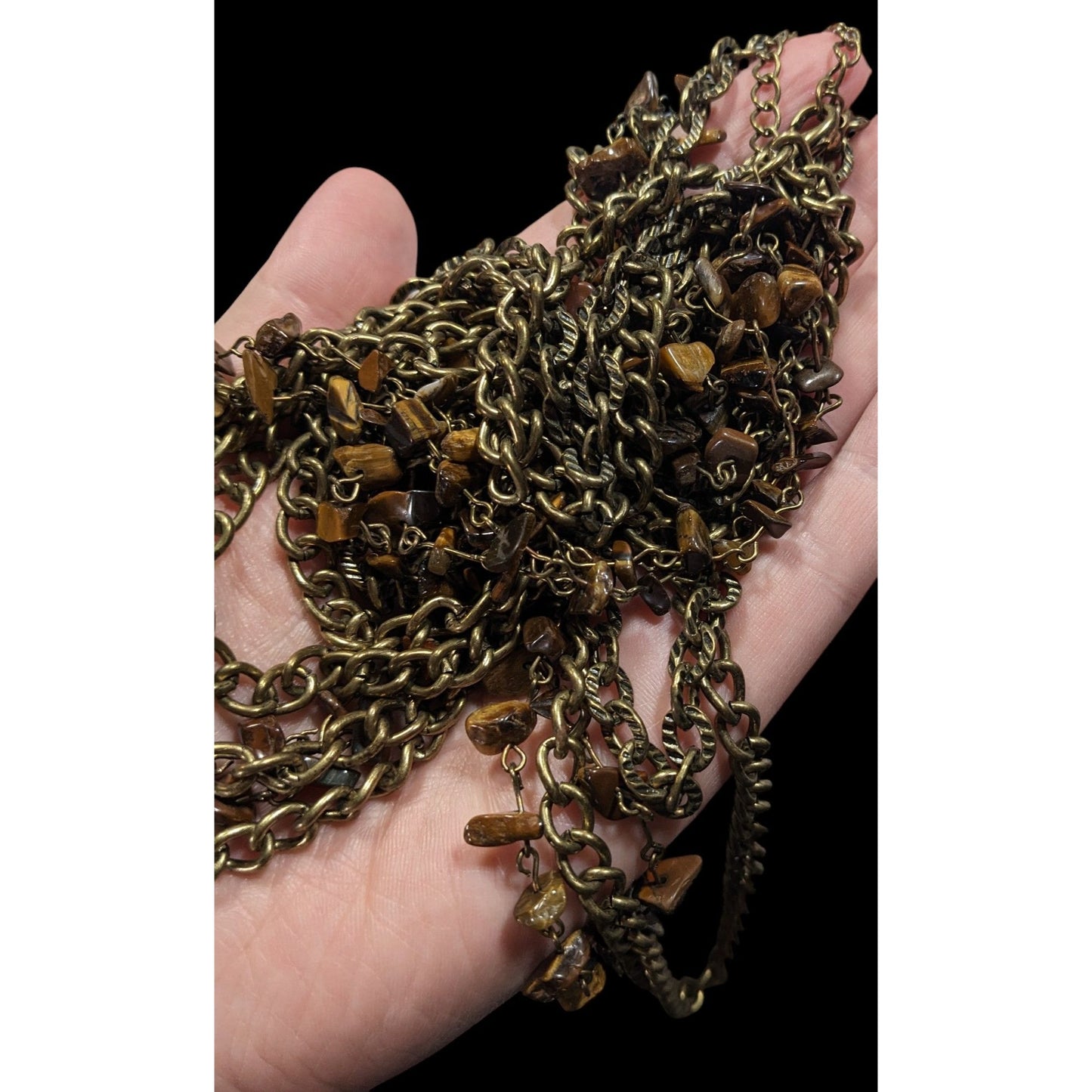Multilayer Tiger Eye Chip Antiqued Gold Tone Chain Necklace