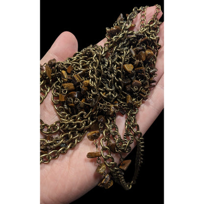 Multilayer Tiger Eye Chip Antiqued Gold Tone Chain Necklace