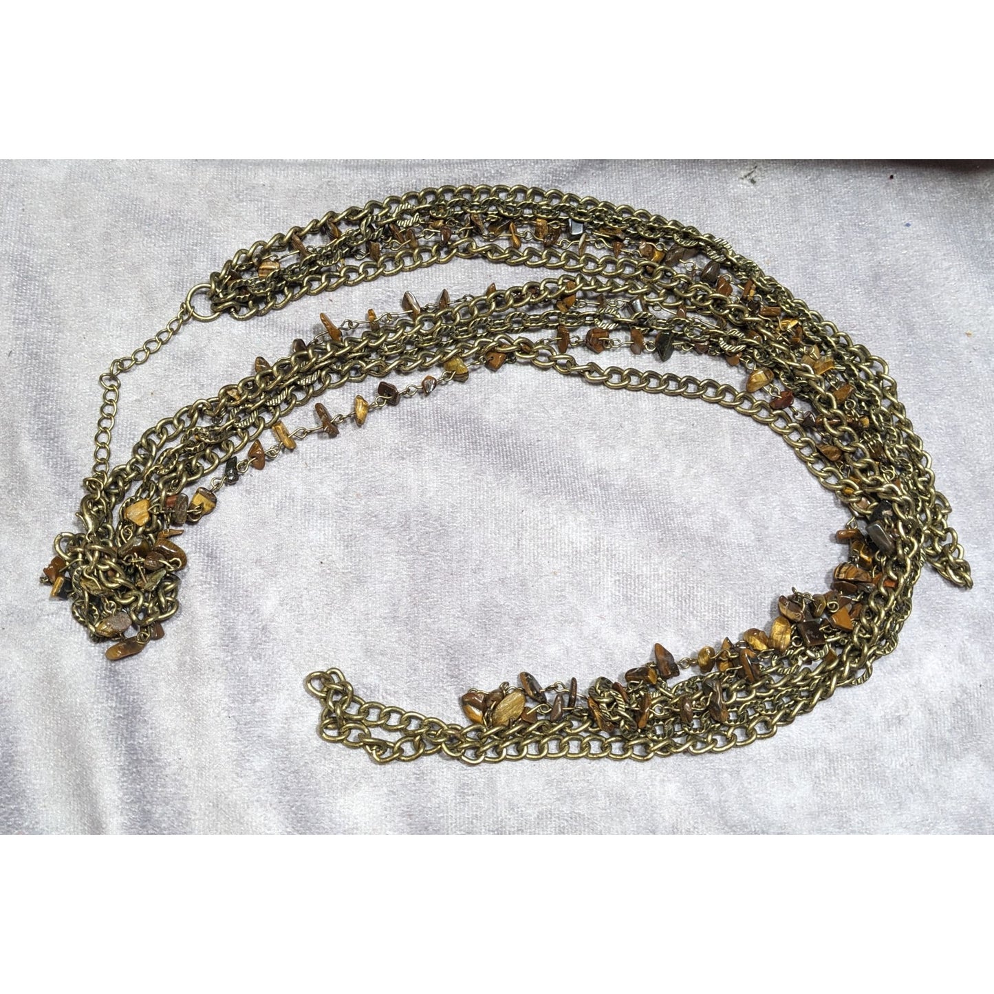 Multilayer Tiger Eye Chip Antiqued Gold Tone Chain Necklace