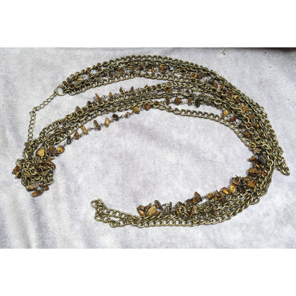 Multilayer Tiger Eye Chip Antiqued Gold Tone Chain Necklace