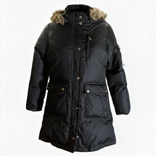 DKNY Black Hooded Puffer Coat Faux Fur Trim Winter Parka Womens Medium 10/12