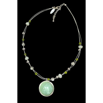 NY Green Stone Cabochon Pendant Necklace With Green And Silver Tone Beaded Accents
