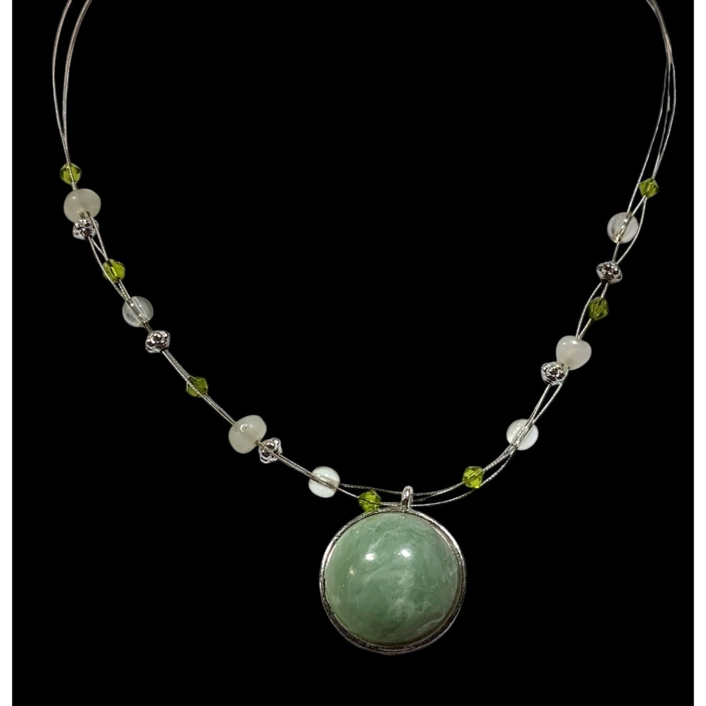 NY Green Stone Cabochon Pendant Necklace With Green And Silver Tone Beaded Accents