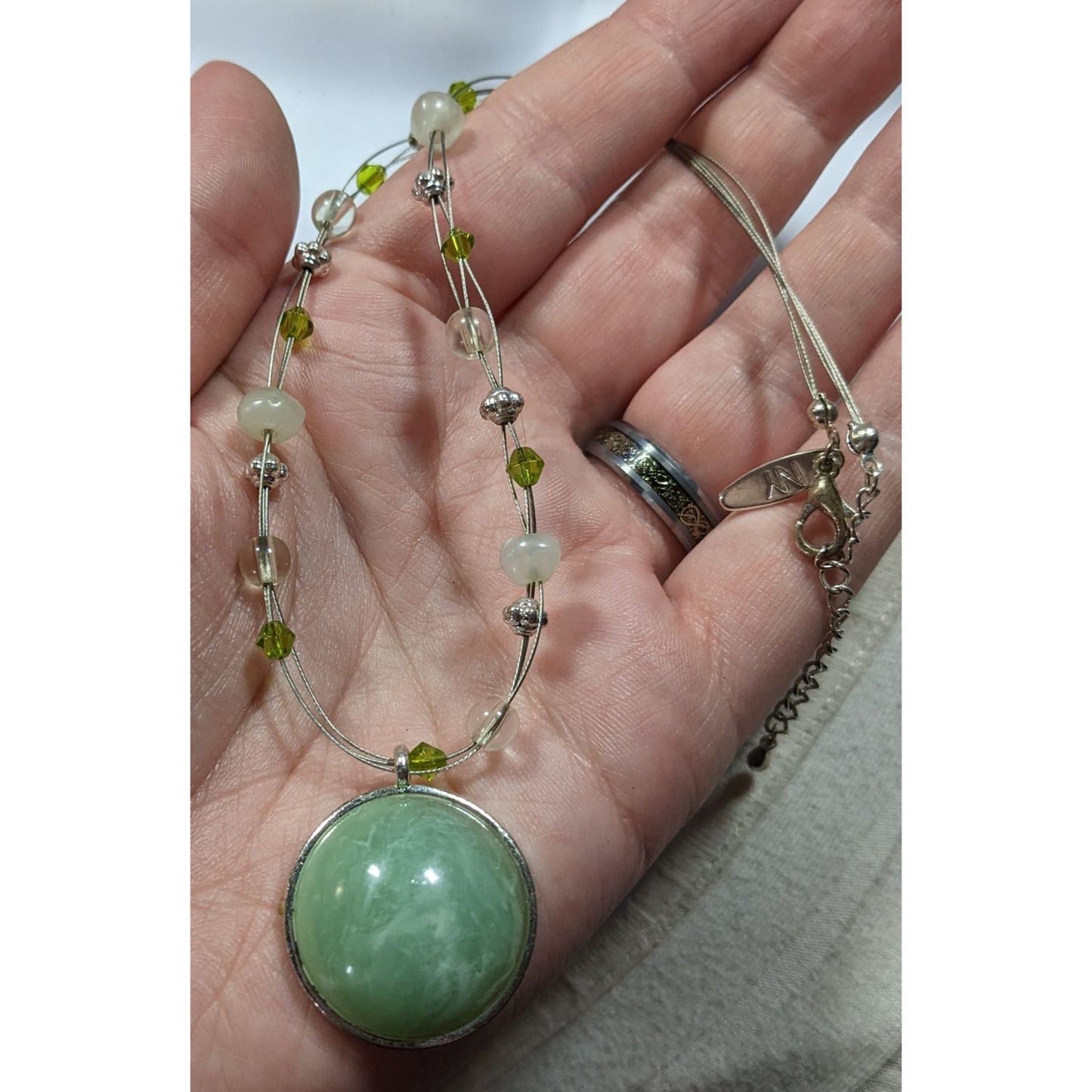 NY Green Stone Cabochon Pendant Necklace With Green And Silver Tone Beaded Accents