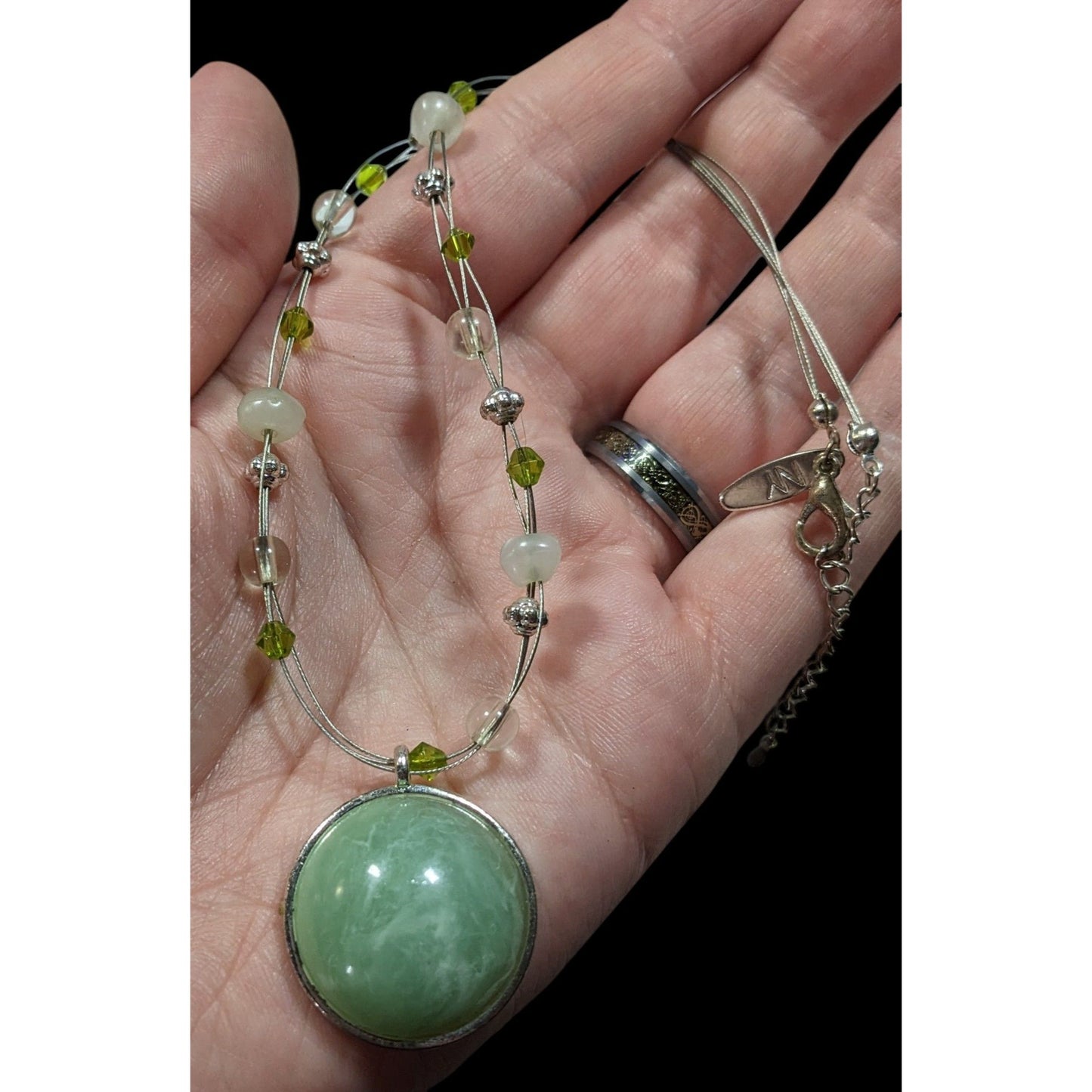 NY Green Stone Cabochon Pendant Necklace With Green And Silver Tone Beaded Accents