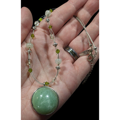 NY Green Stone Cabochon Pendant Necklace With Green And Silver Tone Beaded Accents