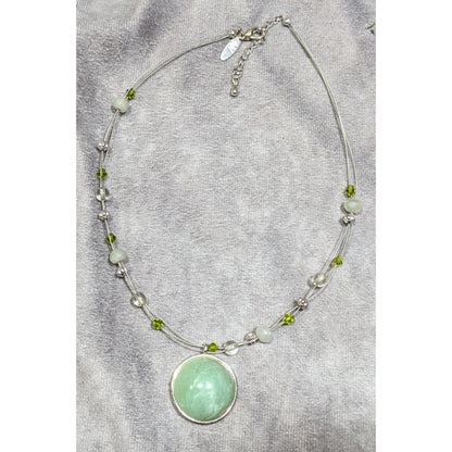 NY Green Stone Cabochon Pendant Necklace With Green And Silver Tone Beaded Accents