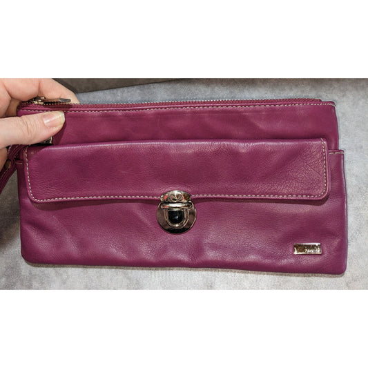 Perlina Purple Leather Wristlet Clutch With Silver Hardware & Buckle Accent