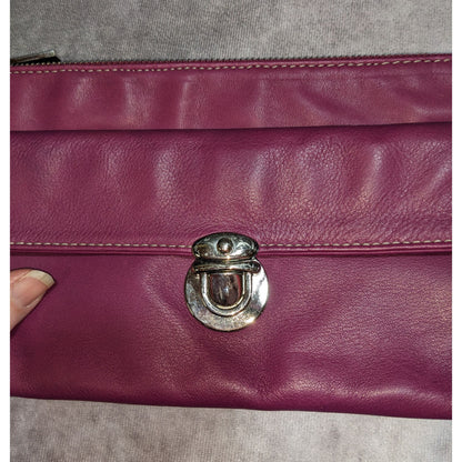Perlina Purple Leather Wristlet Clutch With Silver Hardware & Buckle Accent