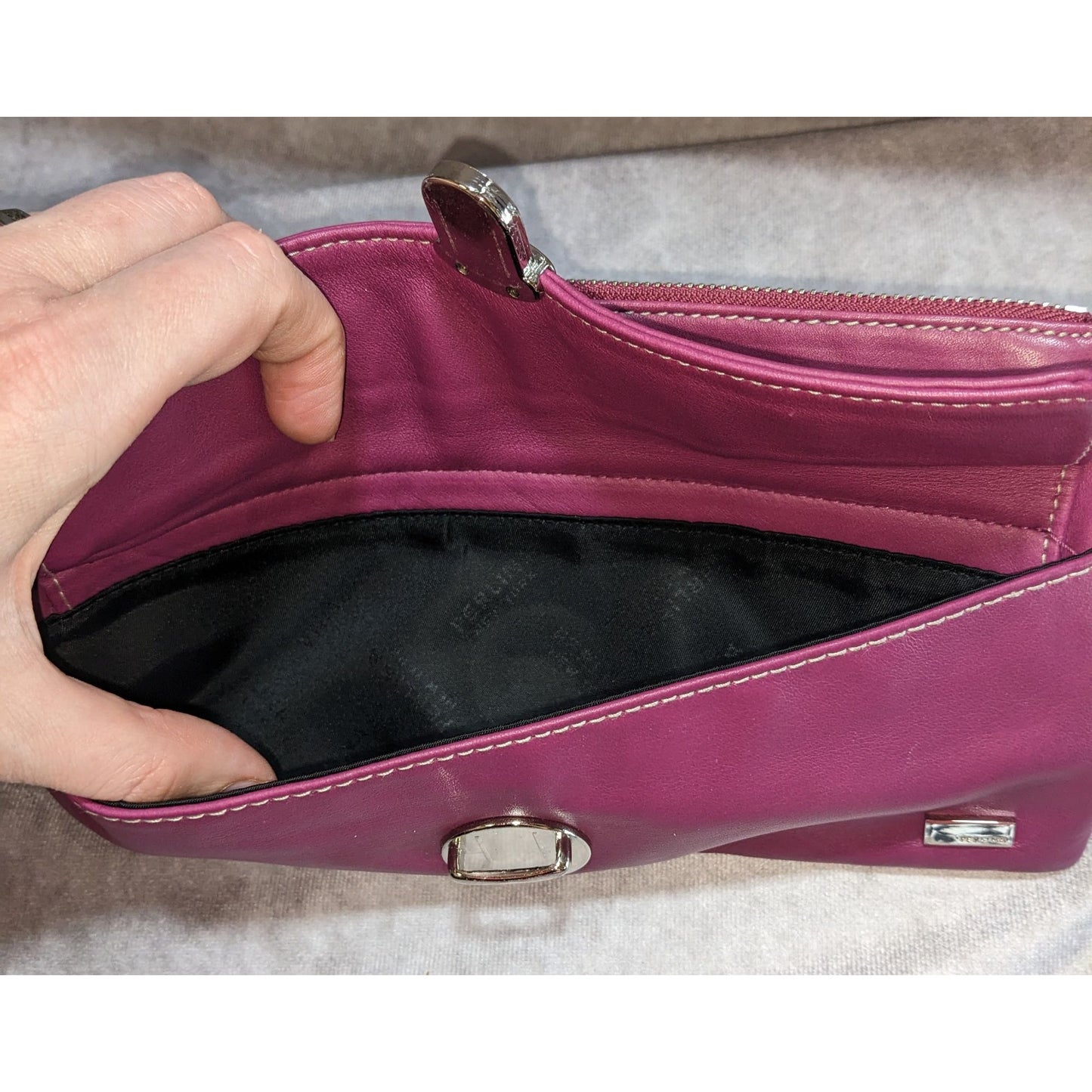 Perlina Purple Leather Wristlet Clutch With Silver Hardware & Buckle Accent