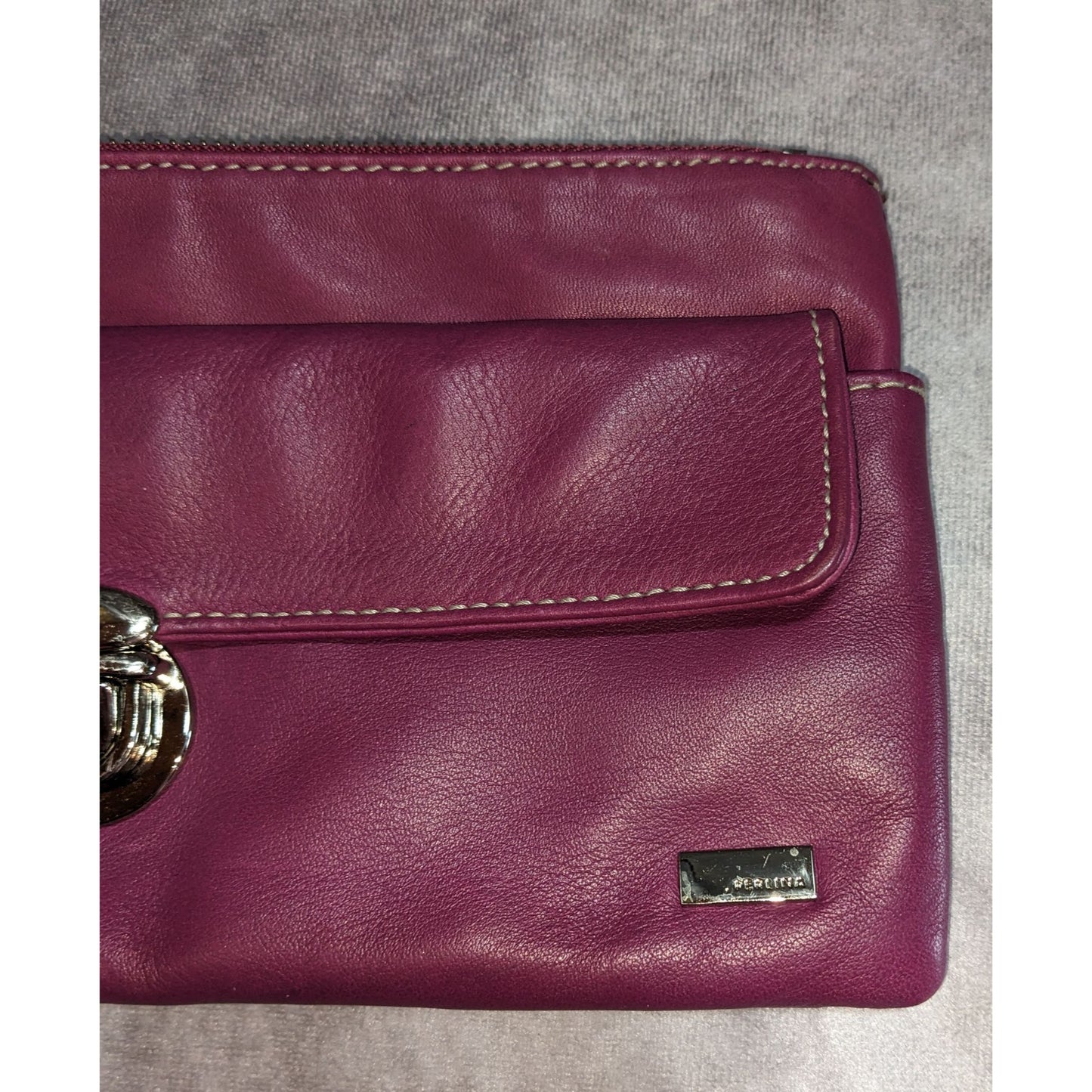 Perlina Purple Leather Wristlet Clutch With Silver Hardware & Buckle Accent
