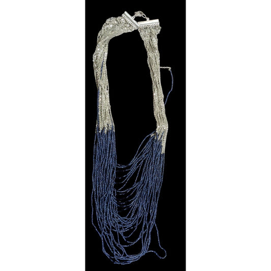 Elegant Multi-Strand Navy Bead & Silver Chain Statement Necklace
