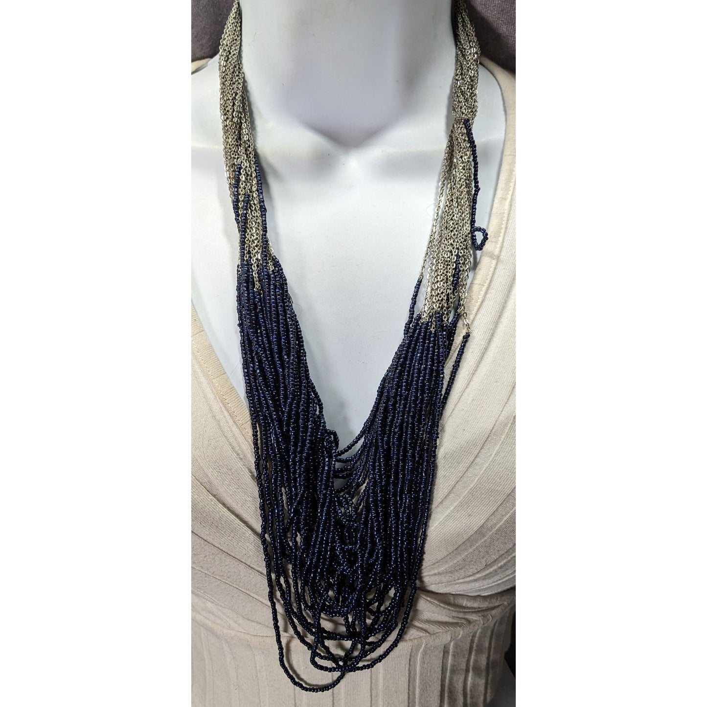Elegant Multi-Strand Navy Bead & Silver Chain Statement Necklace