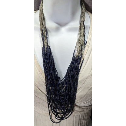 Elegant Multi-Strand Navy Bead & Silver Chain Statement Necklace