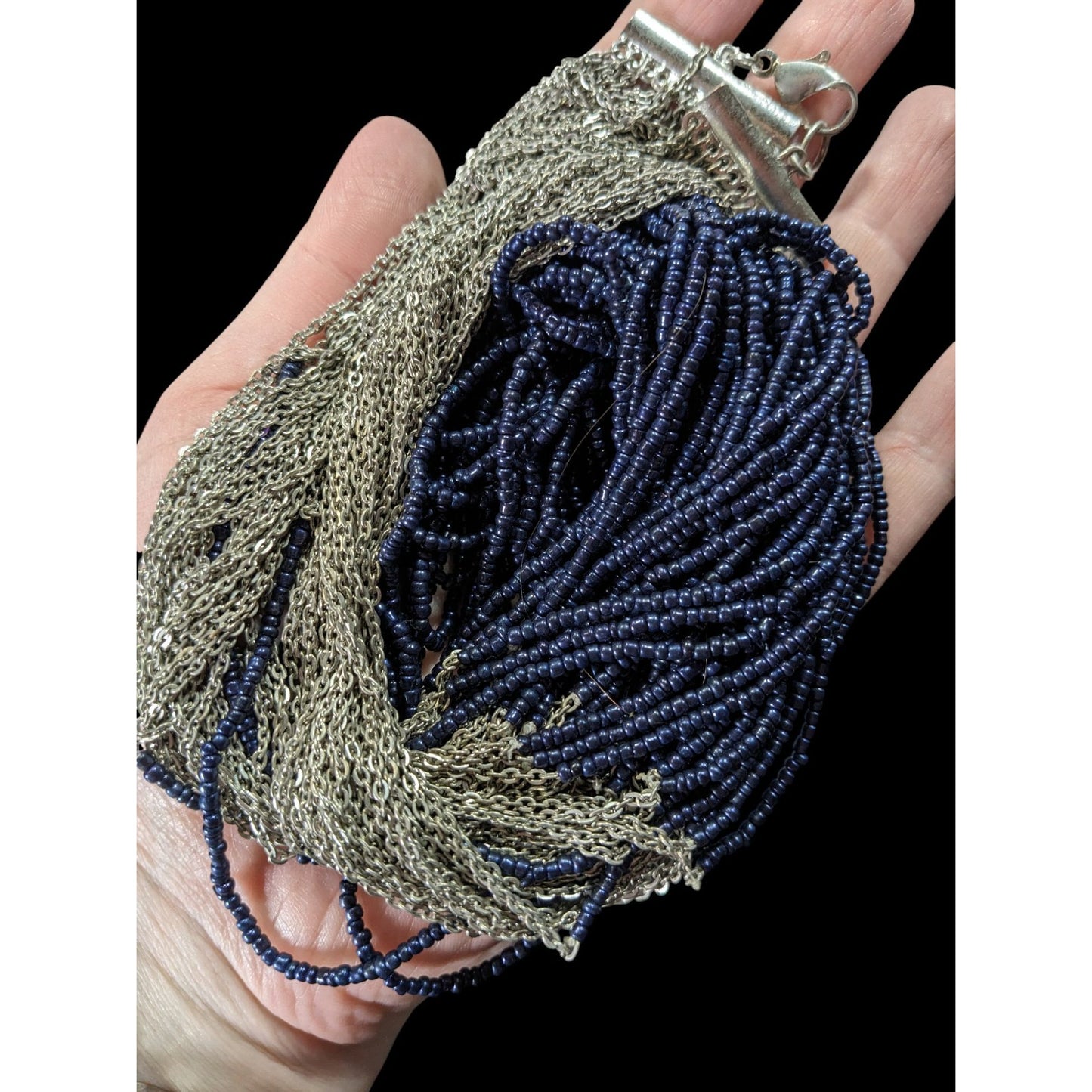 Elegant Multi-Strand Navy Bead & Silver Chain Statement Necklace