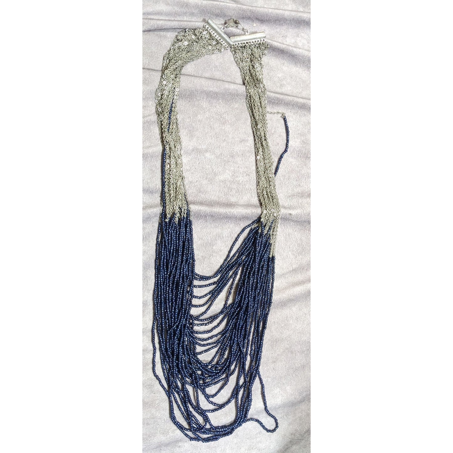 Elegant Multi-Strand Navy Bead & Silver Chain Statement Necklace