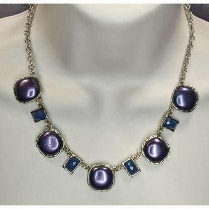 Glam Purple Blue Statement Necklace Silver Tone Geometric Cabochon Jewelry